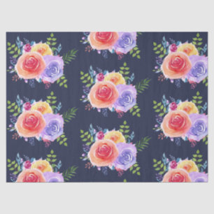 Watercolor Roses Floral Pattern on Navy Blue Tissue Paper