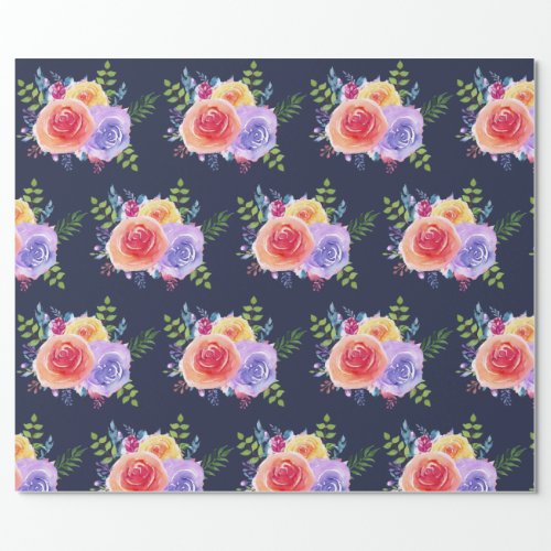 Watercolor Roses Floral Pattern on Navy Blue Wrapping Paper