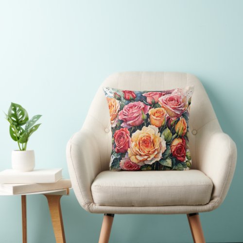 WATERCOLOR ROSES FLORAL PATTERN THROW PILLOW