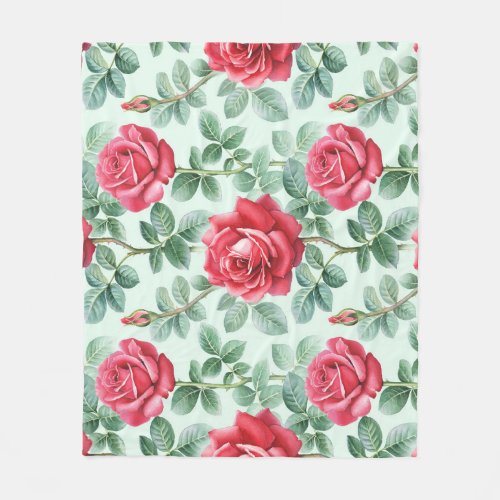 Watercolor Roses Floral Seamless Illustration Fleece Blanket