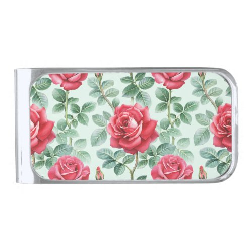 Watercolor Roses Floral Seamless Illustration Silver Finish Money Clip