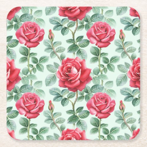 Watercolor Roses Floral Seamless Illustration Square Paper Coaster