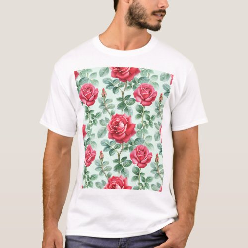 Watercolor Roses Floral Seamless Illustration T_Shirt
