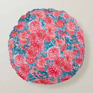 Watercolor Roses Floral Tapestry Round Pillow