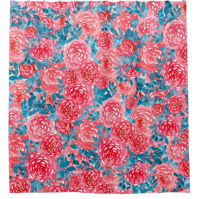 Watercolor Roses Floral Tapestry Shower Curtain (Front)