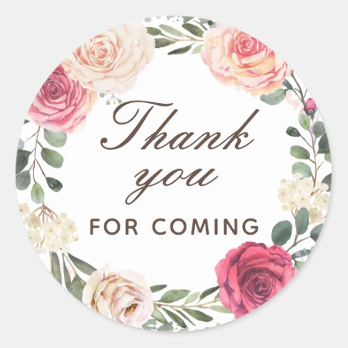 Watercolor roses Floral thank you for coming Clas Classic Round Sticker