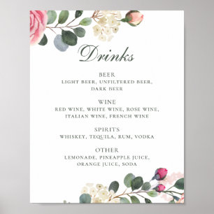 Watercolor roses. Floral wedding drinks bar menu Poster