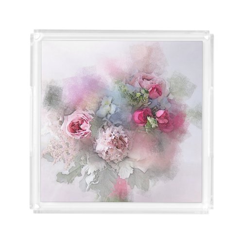 Watercolor Roses Flowers Bouquet Floral Template Acrylic Tray