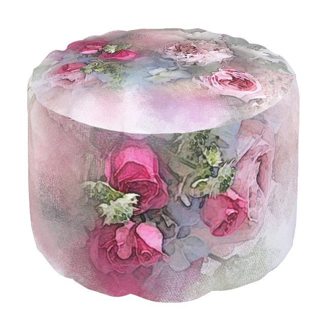 Watercolor Roses Flowers Bouquet Floral Template Pouf (Angled Front)