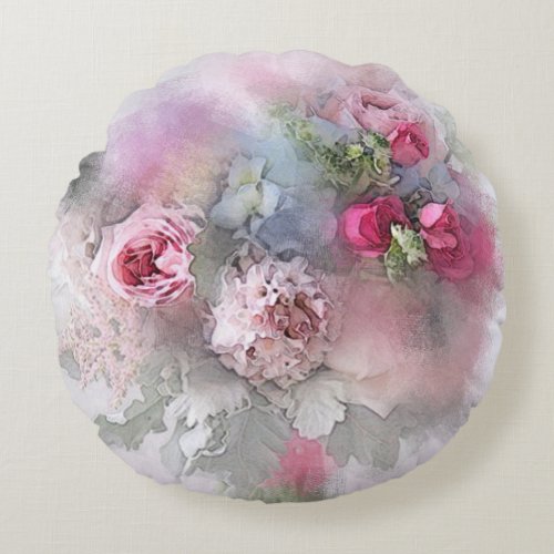 Watercolor Roses Flowers Bouquet Floral Template Round Pillow