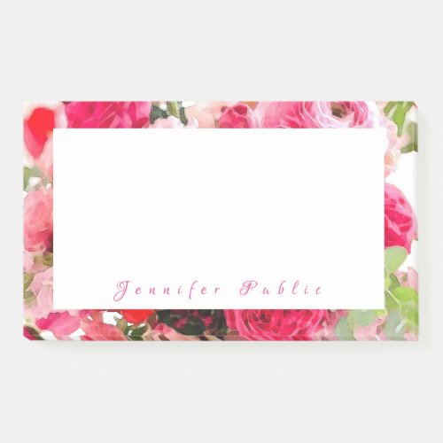 Watercolor Roses Flowers Elegant Hand Script Name Post_it Notes