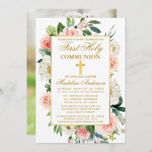 Watercolor Roses Flowers First Communion Photo Invitation