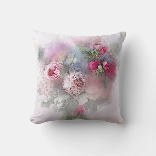 Watercolor Roses Flowers Floral Elegant Template Throw Pillow
