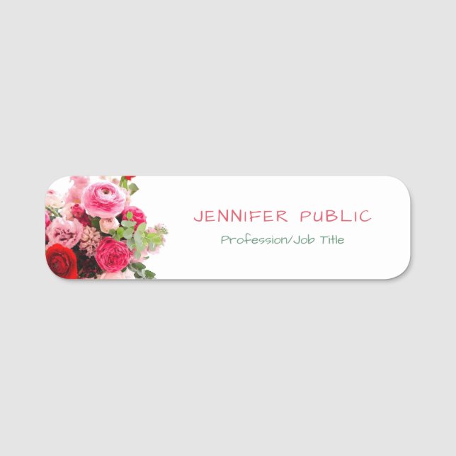 Watercolor Roses Flowers Floral Template Modern Name Tag (Front)
