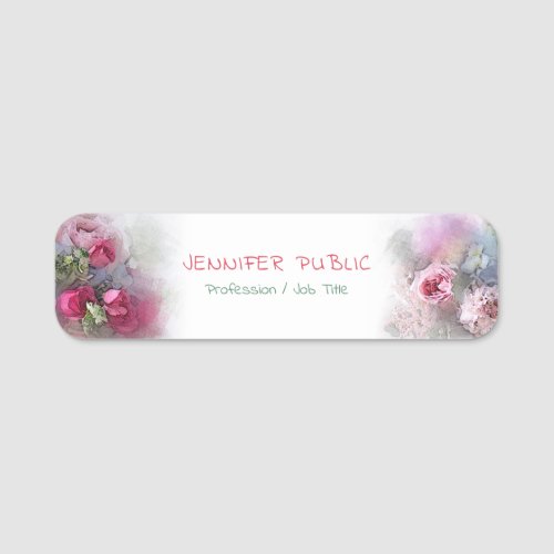 Watercolor Roses Flowers Floral Template Rounded Name Tag