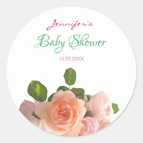 Watercolor Roses Flowers Handwritten Baby Shower Classic Round Sticker