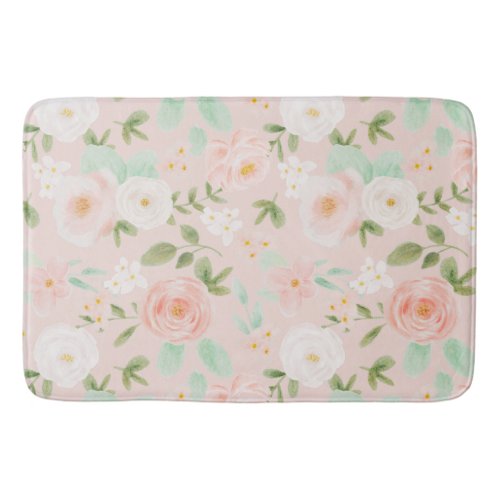 Watercolor Roses Flowers in Pink and Peach Bath Mat