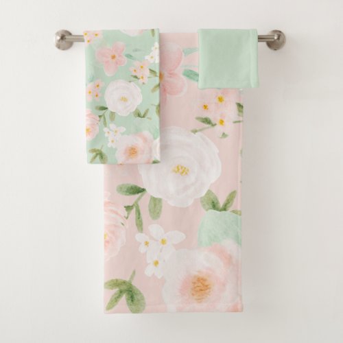 Watercolor Roses Flowers in Pink and Peach Bath Towel Set