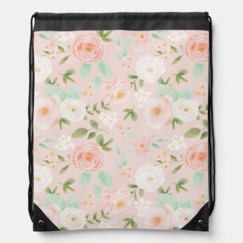 Watercolor Roses Flowers in Pink and Peach Drawstring Bag