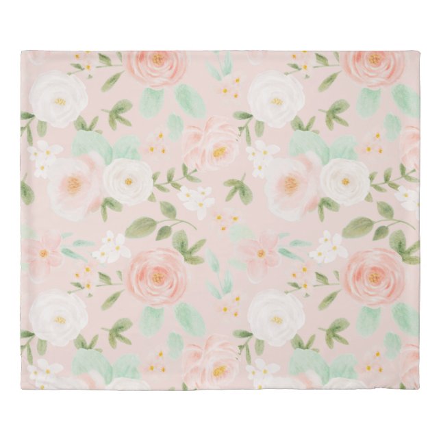 Watercolor Roses Flowers in Pink and Peach Duvet Cover (Front)