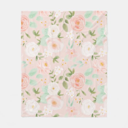 Watercolor Roses Flowers in Pink and Peach Fleece Blanket