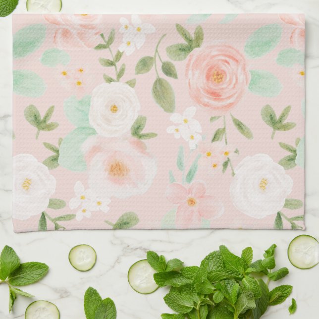 Watercolor Roses Flowers in Pink and Peach Kitchen Towel (Folded)
