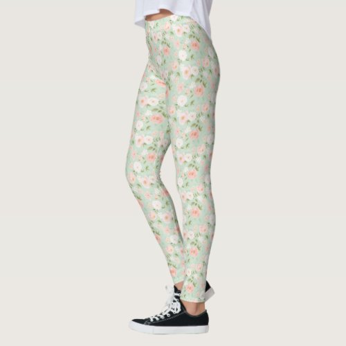 Watercolor Roses Flowers in Pink and Peach Leggings