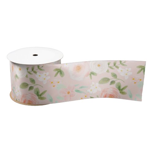 Watercolor Roses Flowers in Pink and Peach Satin Ribbon