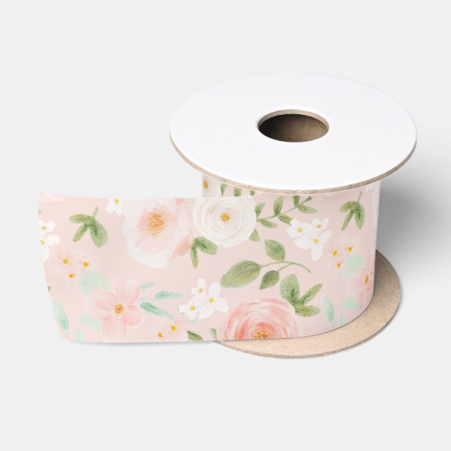 Watercolor Roses Flowers in Pink and Peach Satin Ribbon (Spool)