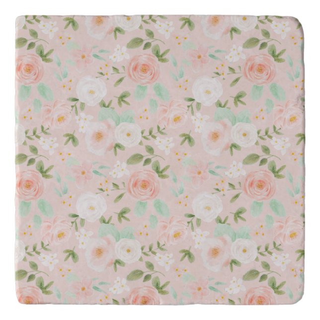 Watercolor Roses Flowers in Pink and Peach Trivet (Front)