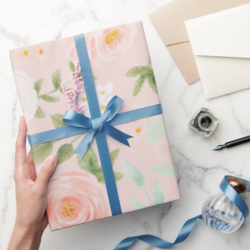 Watercolor Roses Flowers in Pink and Peach Wrapping Paper