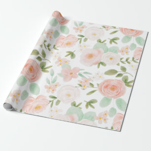 Watercolor Roses Flowers in Pink and Peach Wrapping Paper