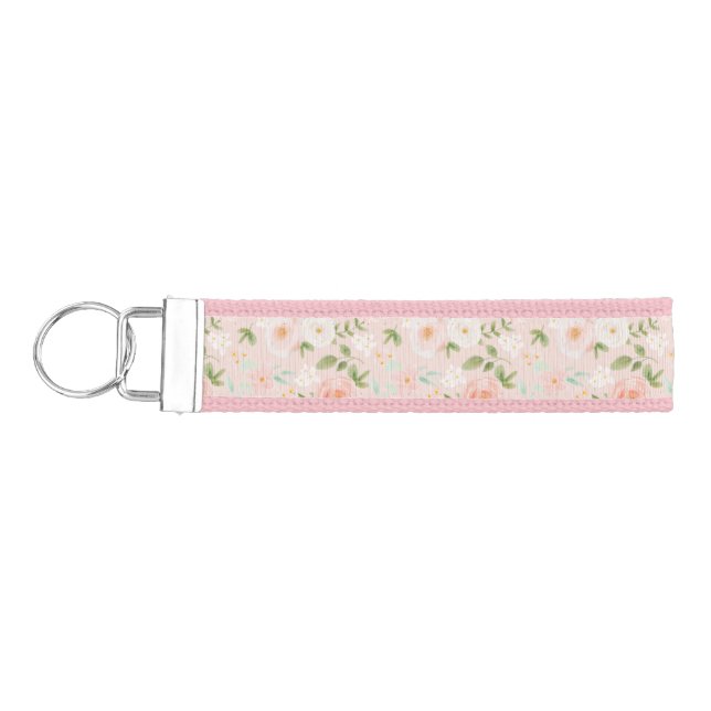 Watercolor Roses Flowers in Pink and Peach Wrist Keychain (Keys on Left)