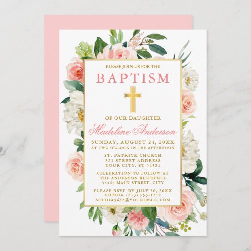 Watercolor Roses Flowers Pink Gold Baptism Invitation