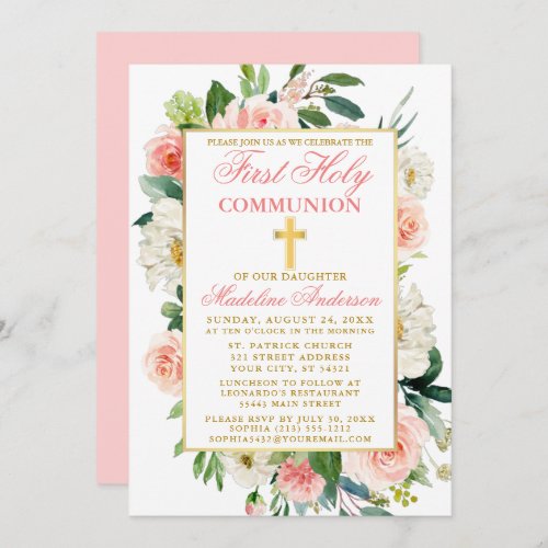 Watercolor Roses Flowers Pink Gold First Communion Invitation