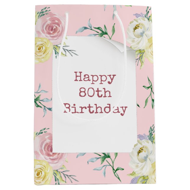 Watercolor Roses for 80th Birthday Medium Gift Bag (Front)