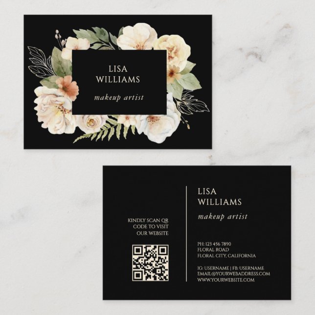 Watercolor Roses Frame Black Business Card (Front/Back)