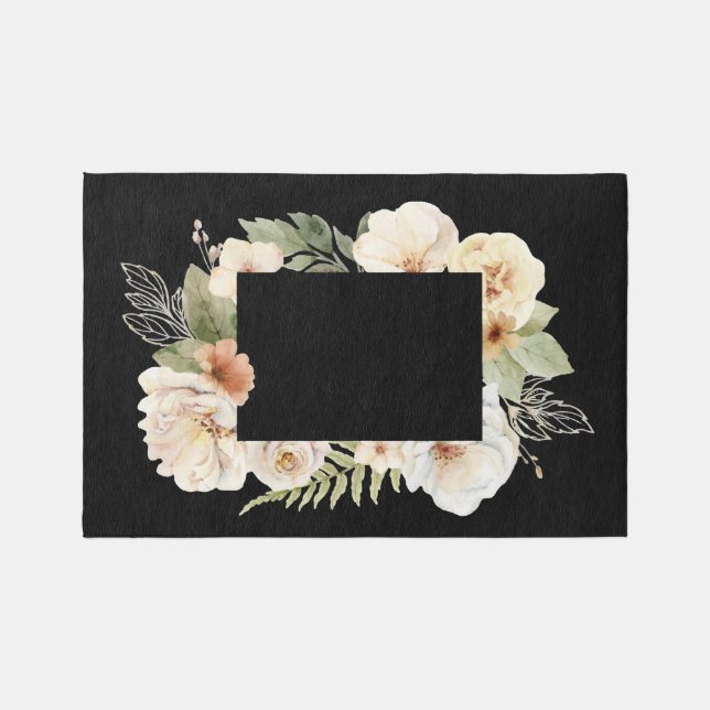 Watercolor Roses Frame Black Rug (Front)