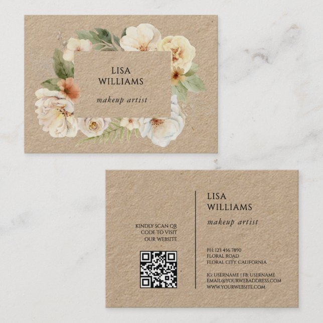 Watercolor Roses Frame Kraft Business Card (Front/Back)