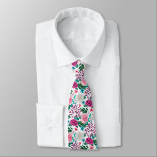 Watercolor Roses Fuchsia White Pink Teal Neck Tie
