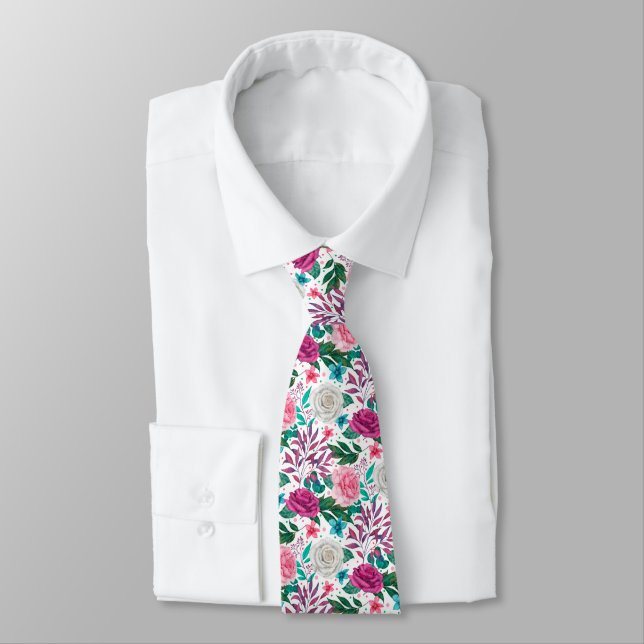 Watercolor Roses Fuchsia White Pink Teal Neck Tie (Tied)
