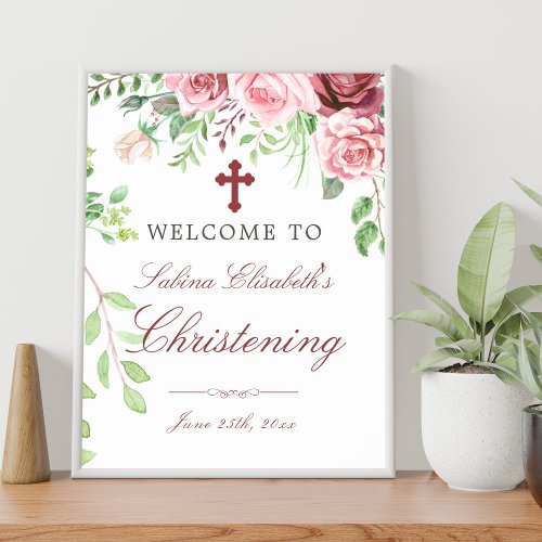 Watercolor Roses Garden Christening Welcome sign