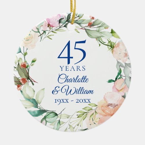 Watercolor Roses Garland 45th 65th Anniversary Ceramic Ornament