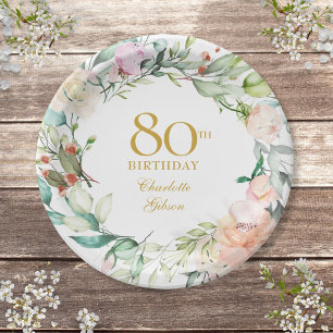 Watercolor Roses Garland 80th Birthday Party Paper Plates