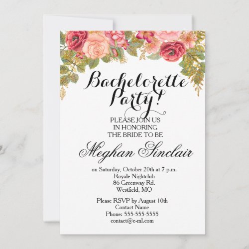 Watercolor Roses  Glitter Bachelorette Party Invitation