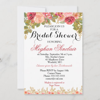 Watercolor Roses & Glitter Bridal Shower Invite