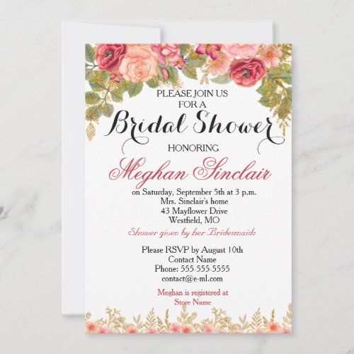 Watercolor Roses  Glitter Bridal Shower Invite