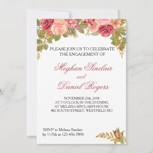 Watercolor Roses  Glitter Engagement Party Invite