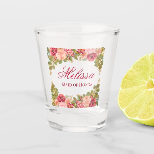 Watercolor Roses & Glitter Maid of Honor   Shot Glass (Front)
