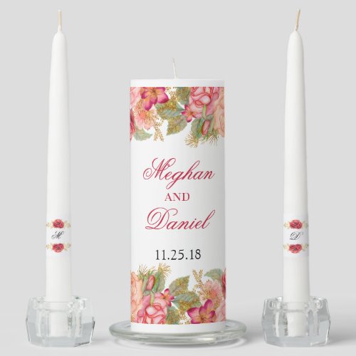 Watercolor Roses  Glitter   Unity Candle Set